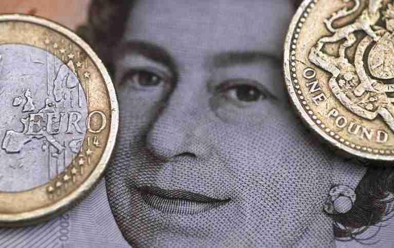 Sterling falls against euro, rises versus dollar as traders focus on trade war